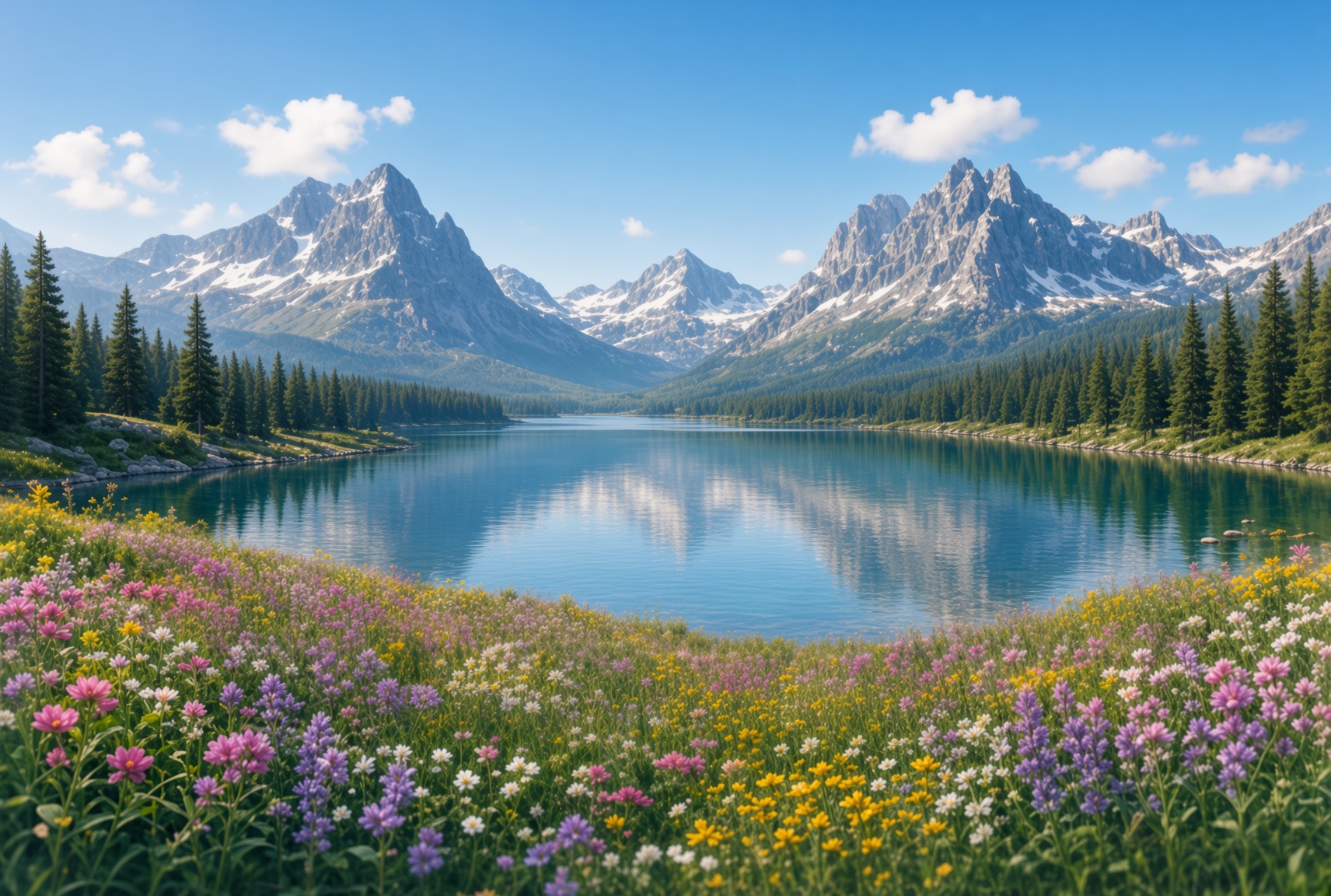 Alpine valley with a mountain lake and a wildflower meadow
